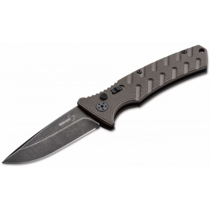 Автоматический складной нож Boker Plus Strike Coyote Spearpoint, сталь AUS-8 BlackWash™ Plain, рукоять анодированный алюминий, BK01BO424