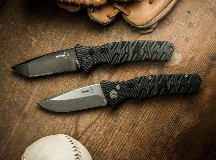 Полуавтоматический складной нож Boker Plus Strike Spearpoint, сталь AUS-8 StoneWash Plain, рукоять анодированный алюминий, BK01BO400