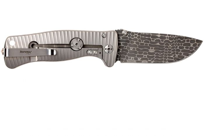 Нож складной LionSteel SR2DL G Mini, сталь клинка дамасская сталь Chad Nichols Damascus "Lizard" Pattern, рукоять титан по технологии Solid®, серый