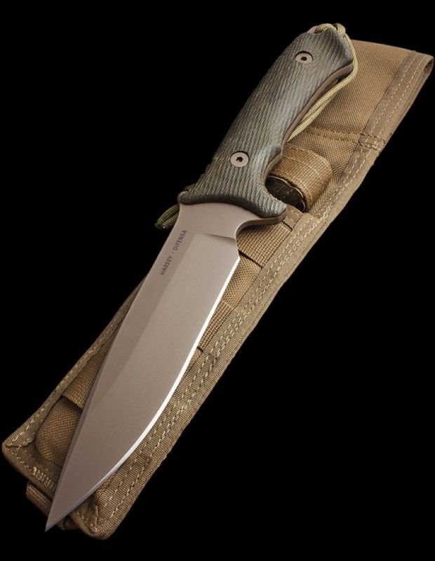 Нож с фиксированным клинком Spartan Blades Harsey Difensa, сталь CPM-S35VN Flat Dark Earth, рукоять черная микарта, чехол песочный